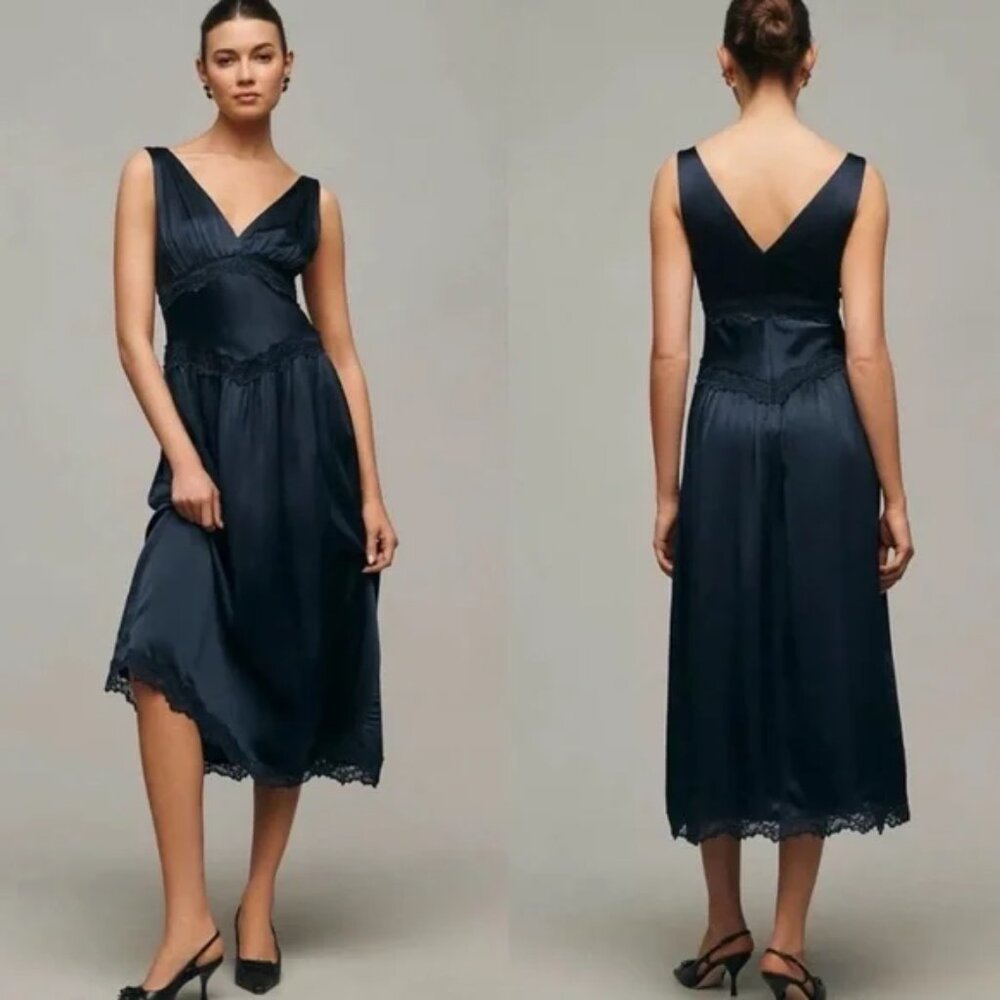 Reformation Navy Satin Midi Dress